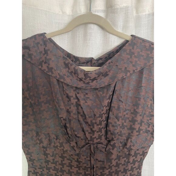 Vintage Brown and Black Herringbone Dress Fitted with Pleated Hem 50s size S-M - Picture 4 of 7